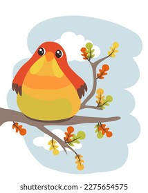Autumn background with a bird siting on branch with oak leaves and clouds behind. Light blue frame over white background. Fall theme