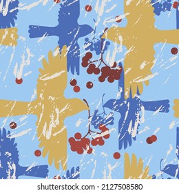 Autumn background with birds and mountain ash branches with berries and autumn leaves. Vintage prints with a stylized seamless pattern. Vector illustration
