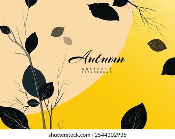 Fondo de otoño en tonos negros, amarillos y beige. Dibujo gráfico de Vector con ramas de árbol y hojas voladoras para folleto, tarjeta, Anuncio, diseño de Fondo de pantalla.