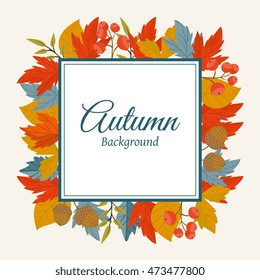 Autumn background. Blank border over autumn leaf, acorn and rowan berry brunch background. Fall season shopping promotional leaflet, flyer, invitation card, advertising vector illustration
