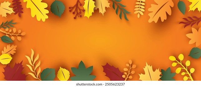 Autumn background and blank space. Autumn template. Leaves background. Autumn colorful leaves. paper cut and craft design. vector, illustration.