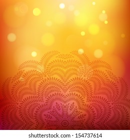 Autumn background with bokeh effect and floral ornament. Vector illustration