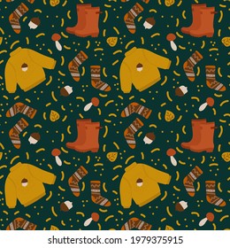 Autumn background with boots and casts. Autumn pattern for textile leaves, sweaters, mushrooms, acorns. Vector November poster with doodles. Vector illustration