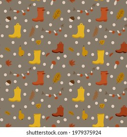 Autumn Background With Boots. Multi-color Shoe Pattern For Textile Leaves. Vector Cozy November Poster With Doodles. Vector Illustration