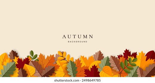 Autumn background with border of falling leaves on 
beige background with place for text. Design template for advertising, web, social media.Vector illustration.