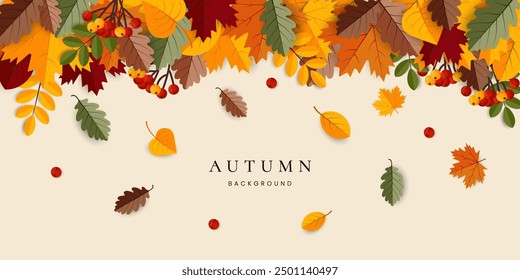 Fondo de otoño con borde de hojas que caen encima 
Fondo beige con lugar para el texto. Plantilla de diseño para publicidad, Web, redes sociales. Ilustración vectorial.