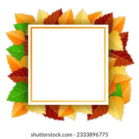 Autumn background with autumn bright leaves and square frame, paper white sheet on white background. Vector illustration. Template, layout, mockup for posters, brochures, invitations, certificates