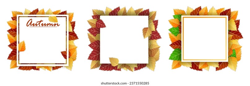 Fondo otoñal con hojas brillantes de otoño y marco cuadrado, hoja blanca de papel sobre fondo blanco. Ilustración vectorial. Plantilla, disposición, maqueta de afiches, folletos, invitaciones, certificados