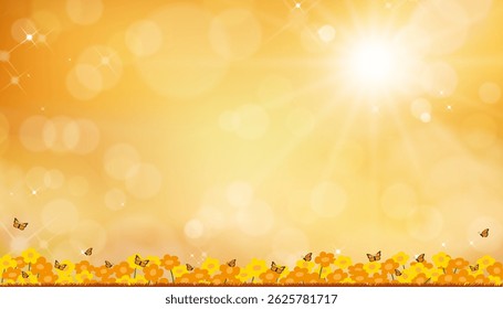 Autumn background with bright yellow,orange,flowers, butterflies flying and soft sunlight with bokeh sparkles.Vector template seasonal warm scene for Thanksgiving, greeting card, banner, fall festival