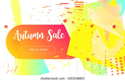 Autumn Background brushstrokes.  Orange and yellow color autumn sale web banner template with leaves, Vector illustration