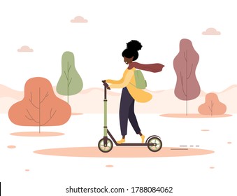 Autumn background. Cartoon african woman ride on scooter in park. Healthy lifestyle. Eco transportation. Modern vector illustration in flat style.