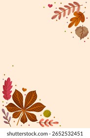Autumn background with cartoon leaves and chestnuts on light beige. Hand-drawn seasonal frame design. For greeting cards, notebook page, invitations, and fall-themed projects