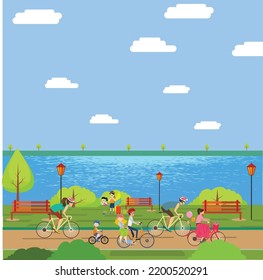 Autumn background cartoon style little girl ridding bicycle. Happy family concept design with riding through sceneries. See beach bicycle ridding people. 