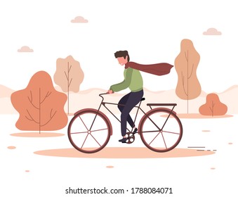Autumn background. Cartoon young man ride on bicycle in park. Healthy lifestyle. Eco transportation. Modern vector illustration in flat style.