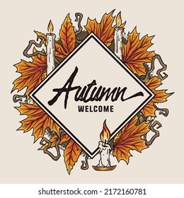 Autumn background for celebration autumn party. Spooky flyer with candle for holiday happy halloween
