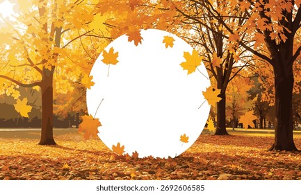 Autumn Background with Circle Frame and Falling Yellow Maple Leaves - Copy Space Template Vibrant Fall Park Landscape with Sunlight and Round White Copy Space Golden Autumn Forest Scenery with Trees