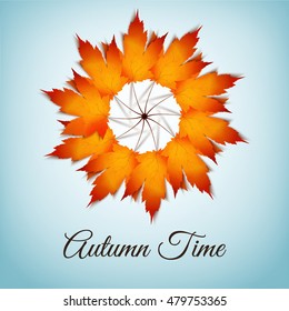 Autumn background. Clock made of bright orange leaves. Vector illustration
