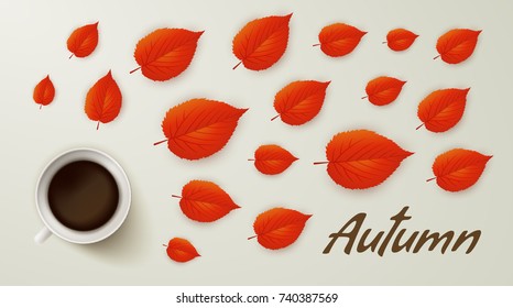 Autumn background. Coffee cup and flying red leaves. Fall banner. Vector design illustration.