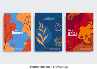 Autumn background collection in different styles. Abstract banners with autumn forest, fallen leaves, colorful foliage. Use for event invitation, print design, discount voucher, ad. Vector eps 10