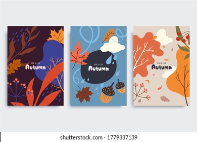 Autumn background collection in different styles. Abstract illustration with autumn forest, fallen leaves, colorful foliage. Use for event invitation, print design, discount voucher, ad. Vector eps 10