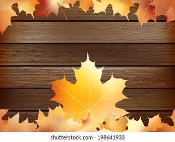Autumn background with colored leaves on wooden board. plus EPS10 vector file