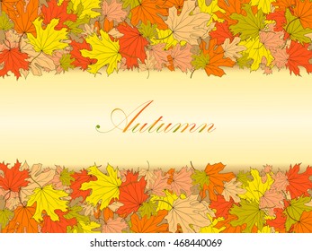 Autumn background with colored maple leaves at the top and bottom of the picture