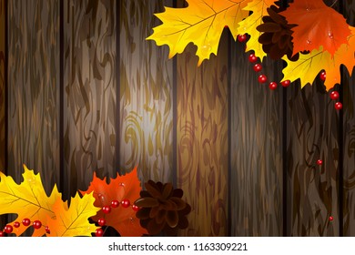   Autumn background with colorful leaves.
 Beautiful background with autumn leaves on wooden surface. Vector illustration. There is a place for your text.  
