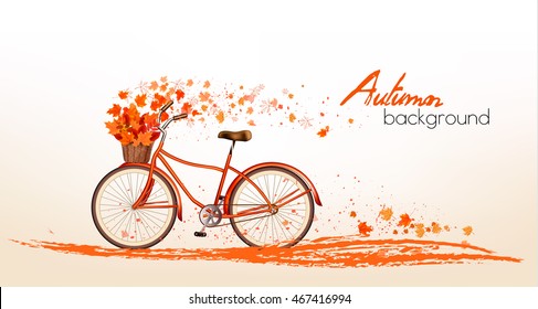 Autumn background with colorful leaves and a bicycle. Vector