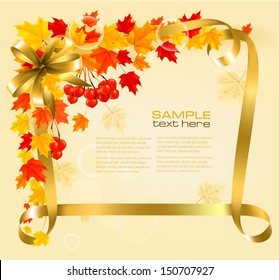 Autumn background with colorful leaves and gold ribbons. Back to school. Vector illustration