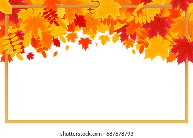 Autumn Background. Colorful Autumn Leaves on White Background with Frame and Space for Your Text. Vector Illustration for the Autumn Theme.