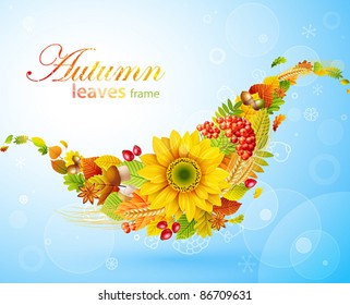 Autumn background with colorful leaves on blue and place for text. Vector illustration. Check my portfolio for raster version.