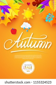 Autumn Background with Colorful Leaves. Seasonal Sale Flyer and Web Template. Hand Lettering and Paper Art. Vector illustration