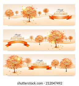 Autumn background with colorful leaves and trees.Vector illustration. 