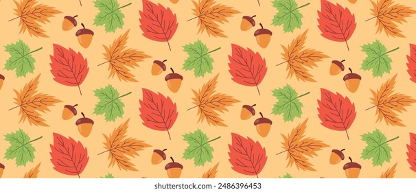 Autumn background with colorful maple leaves and acorns. Vector.