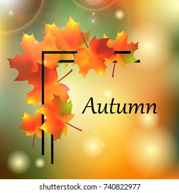 Autumn background with colorful maple leaves on a blurry background with highlights, pattern, design, vector illustration