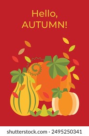 Autumn background with colorful pumpkins of different shapes and falling leaves. Hello autumn card with colorful pumpkins. Poster, flyer, banner, invitation