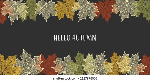 Autumn background with colorful skeleton maple leaves on dark background. Frame made of fall leaves. Vector illustration
