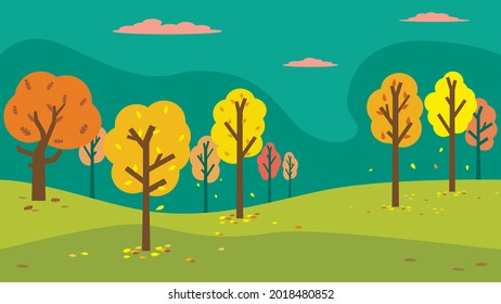 Autumn background, colorful trees, falling leaves and a dark pre-storm sky, flat design, vector illustration, banner. 