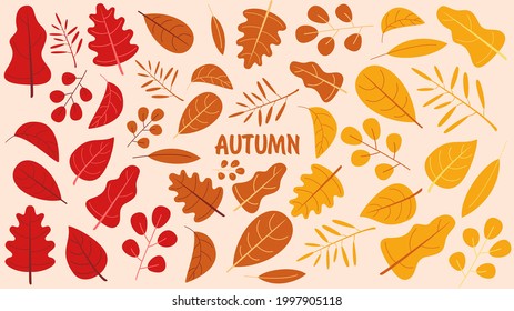Autumn background for computer and laptop with leaves. Isolated. Set of leaves red, orange and yellow. Vector fall illustration 8 eps.