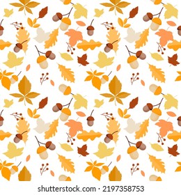 Autumn background concept with seamless pattern of maple leaves and acorns with dried oak leaves Greeting Card, Gift Box,Textile Printing