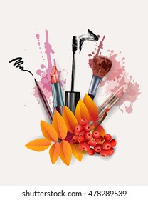 Autumn background with cosmetics and autumn leaves. With place for your text .Template Vector. 