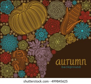 Autumn background with creative vegetables and flowers, decorative floral background, vector illustration