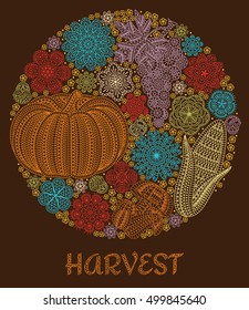 Autumn background with creative vegetables and flowers, decorative floral background, round shape, vector illustration