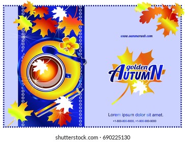Autumn background with a cup, maple leaf, pencil and flower. Autumn.Vector picture, image for poster, stickers, business cards.
