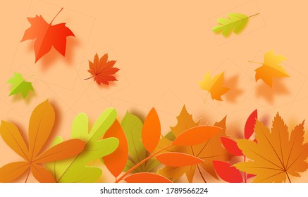 Autumn background in cut paper style. Papercut falling leaves autumn wallpaper. Autumn leaf is cut out of cardboard in green, yellow and orange. Vector card illustration for Thanksgiving day holiday