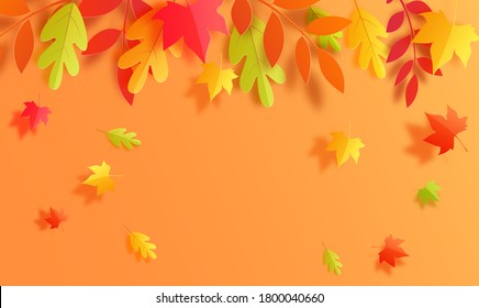 Autumn background in cut paper style. Papercut falling leaves autumn border. Autumn leaf is cut out of cardboard in green, yellow and orange. Vector card illustration for Thanksgiving day holiday