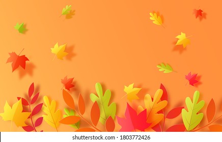 Autumn background in cut paper style. Papercut falling leaves autumn wallpaper. Autumn leaf is cut out of cardboard in green, yellow and orange. Vector card illustration for Thanksgiving day holiday