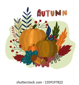 Autumn background with cute lettering ,pumpkin, foliage