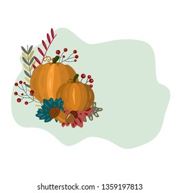 Autumn background with cute pumpkin, foliage, acorns