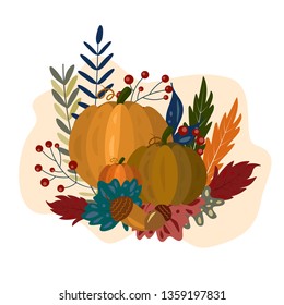 Autumn background with cute pumpkin, foliage, acorns